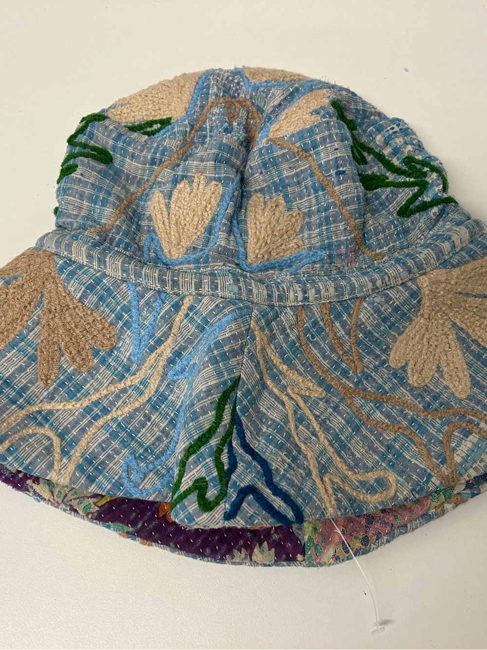 Free People Blue Embroidered Vintage Kantha Bucket Hat with Green and Tan Accent - Picture 2 of 4